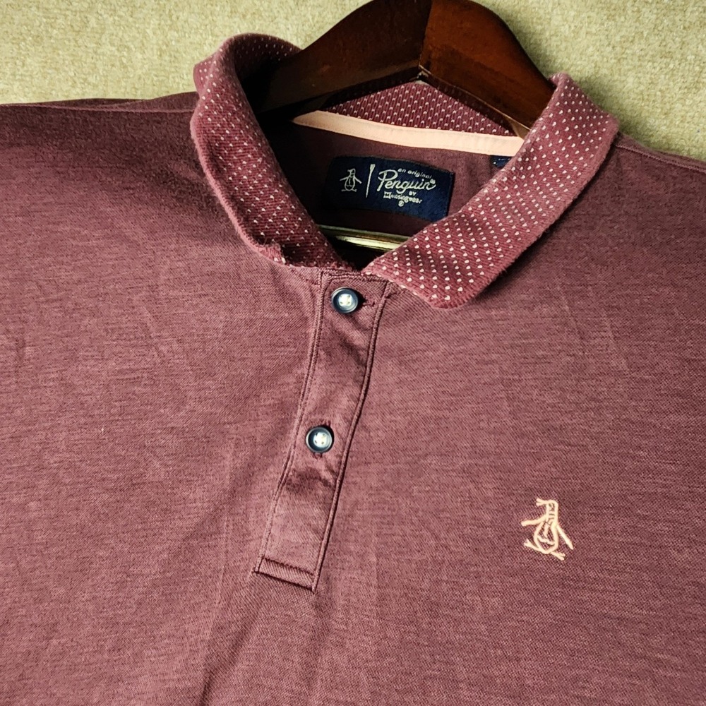 Original Penguin Mens Burgundy Heather Polo Shirt Micro Dot Collar Short Sleeve